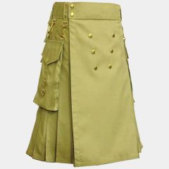 Khaki Utility Kilt With Gold Button